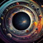 Abstract spaceship orbiting starry galaxy backdrop circle generated by AI