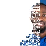 Portrait of happy and inspired man with lettering hope, idea, solution, mind, flyer with copyspace